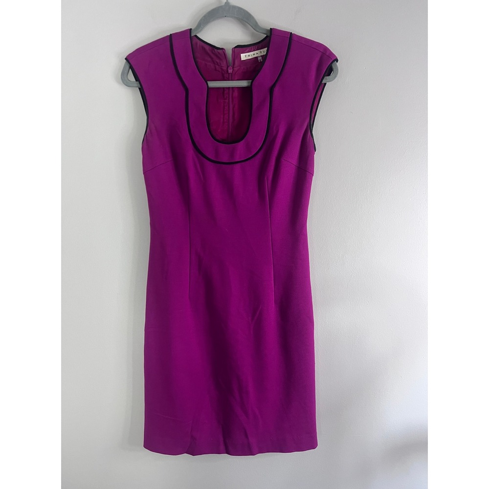 Trina Turk Magenta Purple Sheath Dress Black Piping Lace Trim Size 0